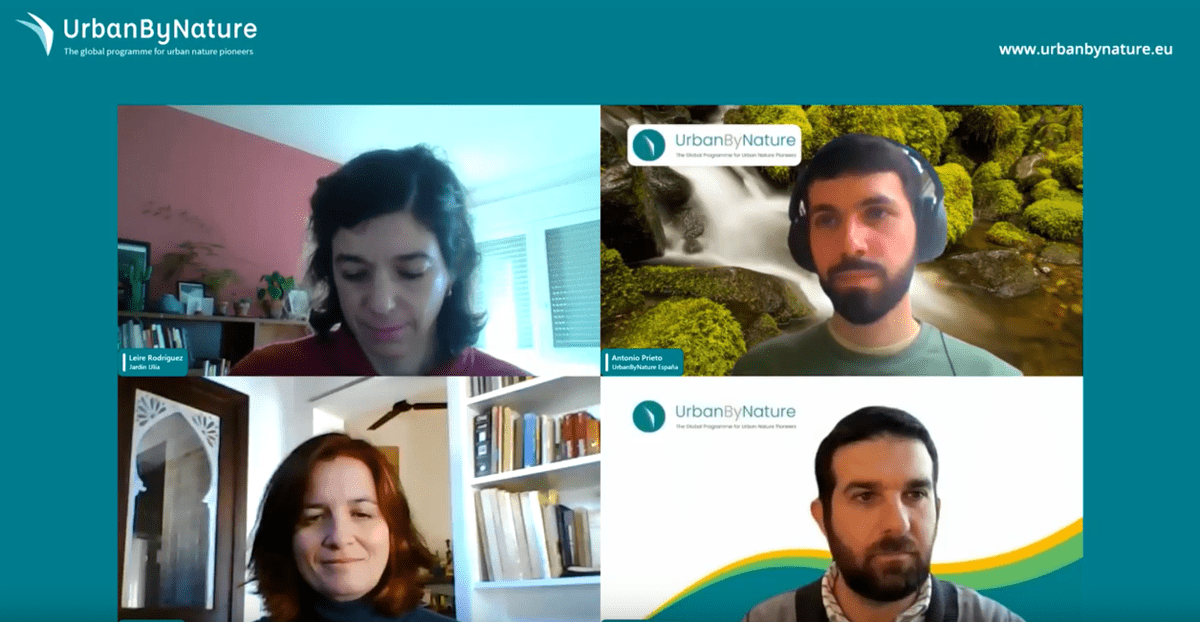 Image of four people in an online meeting discussing UrbanByNature Spain.